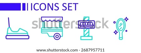 Set line Magic hand mirror, Attraction carousel, Fast street food cart and Bumper icon. Vector