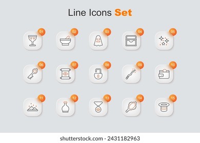 Set line Magic hat, hand mirror, Medallion on chain with eye, Bottle potion, powder, Wallet, wand and Open padlock icon. Vector