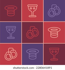 Set line Magic hat, Handcuffs and Medieval goblet icon. Vector