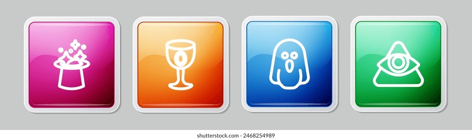 Set line Magic hat, Medieval goblet, Ghost and All-seeing eye of God. Colorful square button. Vector
