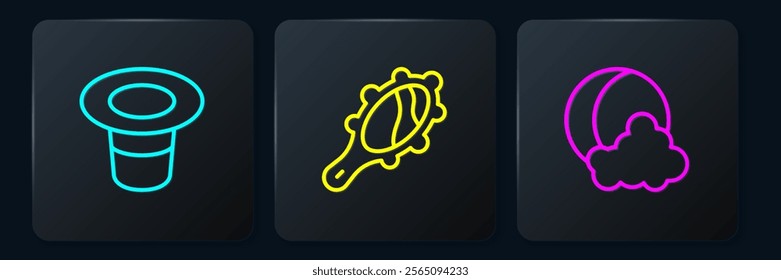 Set line Magic hat, Moon and stars and hand mirror. Black square button. Vector