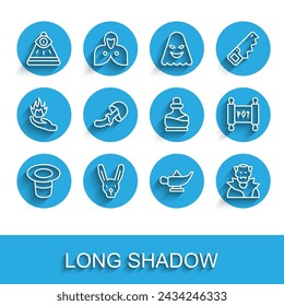 Set line Magic hat, Rabbit with ears, Masons, lamp or Aladdin, Vampire, Psilocybin mushroom, scroll and Bottle potion icon. Vector