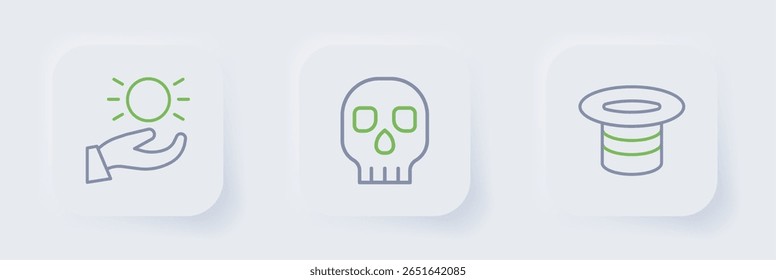 Set line Magic hat, Skull and Ball levitating above hand icon. Vector