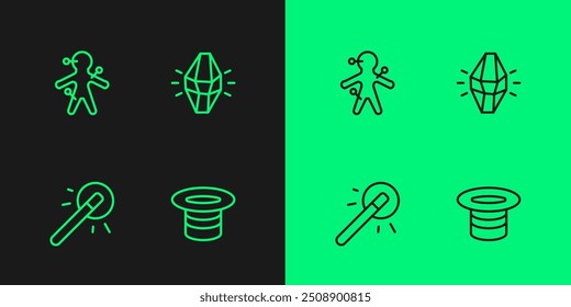 Set line Sombrero mágico, varita, muñeca vudú e icono de piedra. Vector
