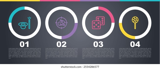 Set line Magic hat and wand, Hunt on rabbit with crosshairs, Game dice and Lollipop. Business infographic template. Vector