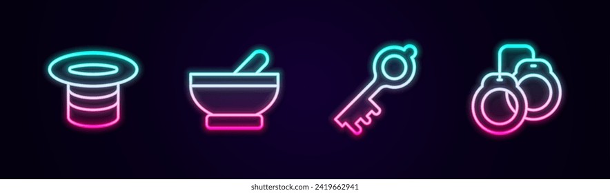 Set line Magic hat, Witch cauldron, Old magic key and Handcuffs. Glowing neon icon. Vector