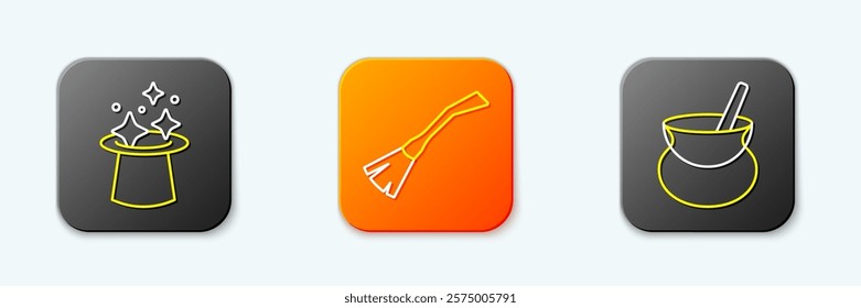 Set line Magic hat, Witches broom and cauldron icon. Vector