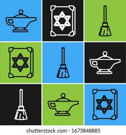 Set line Magic lamp or Aladdin, Witches broom and Ancient magic book icon. Vector