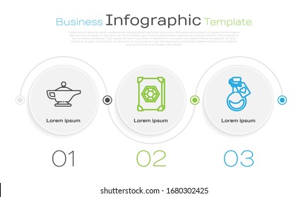 Set line Magic lamp or Aladdin, Ancient magic book and Bottle with love potion. Business infographic template. Vector