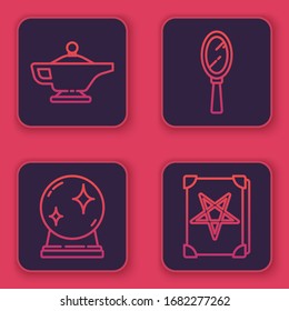 Set line Magic lamp or Aladdin, Magic ball, Magic hand mirror and Ancient magic book. Blue square button. Vector