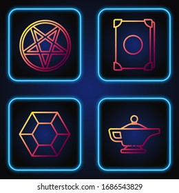 Set line Magic lamp or Aladdin, Magic stone, Pentagram in a circle and Ancient magic book. Gradient color icons. Vector
