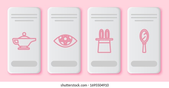 Set line Magic lamp or Aladdin, Pentagram, Magician hat and rabbit ears and Magic hand mirror. White rectangle button. Vector