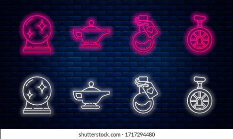 Set line Magic lamp or Aladdin, Bottle with love potion, Magic ball and Unicycle or one wheel bicycle. Glowing neon icon on brick wall. Vector