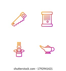 Set line Magic lamp or Aladdin, Magician hat and rabbit, Hand saw and Decree, paper, parchment, scroll. Gradient color icons. Vector