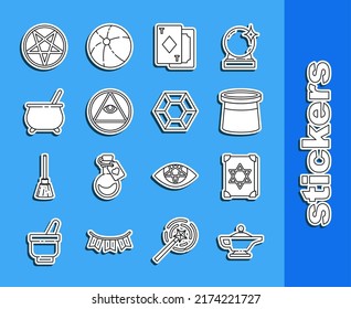 Set line Magic lamp or Aladdin, Ancient magic book, Magician hat, Playing cards, Masons, Witch cauldron, Pentagram circle and stone icon. Vector