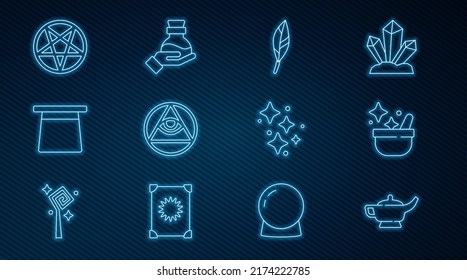 Fijar línea lámpara mágica o Aladdin, caldera de bruja, plumas, masones, sombrero, círculo de pentagramas, estrellas de esparkle con icono de poción de magia y botella. Vector