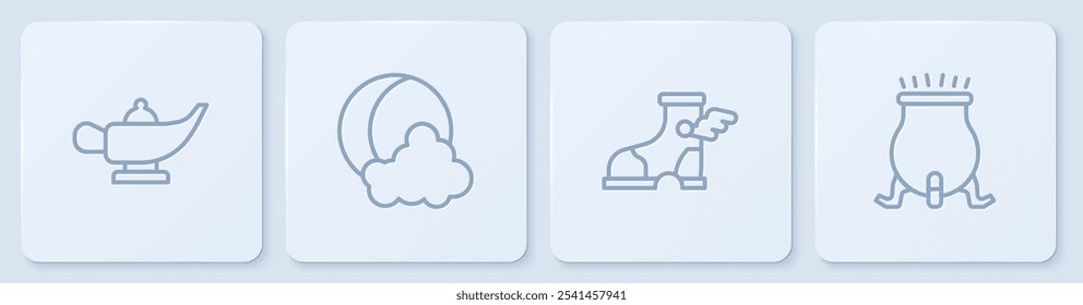 Set line Magic lamp or Aladdin, Hermes sandal, Moon stars and Witch cauldron. White square button. Vector