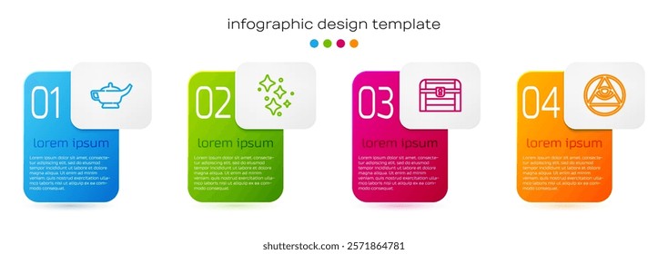Set line Magic lamp or Aladdin, Sparkle stars with magic, Antique treasure chest and Masons. Business infographic template. Vector