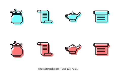 Set line Magic lamp or Aladdin, Witch cauldron, Ancient magic book and  icon. Vector