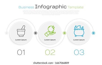 Fije la línea Mágica mortero y almirez, bola Mágica a mano y caldero de Brujas. Plantilla de infografía empresarial. Vector