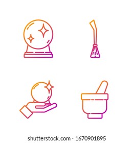 Fije la línea Mágica mortero y almirez, bola mágica a mano, bola mágica y escoba de brujas. Iconos de color degradado. Vector