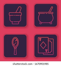 Set line Magic mortar and pestle, Magic hand mirror, Witch cauldron and Playing cards. Blue square button. Vector