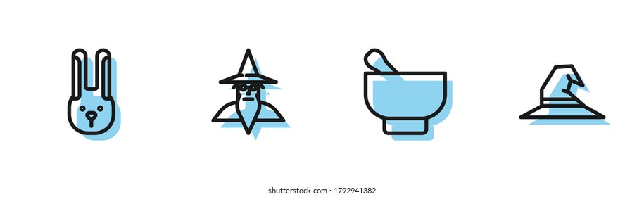 Set line Magic mortar and pestle, Rabbit with ears, Wizard warlock and Witch hat icon. Vector