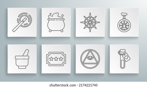 Set line Magic mortar and pestle, Witch cauldron, Ticket, Masons, Bottle with love potion, Spider web, Unicycle one wheel bicycle and wand icon. Vector