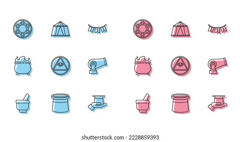 Set line Magic mortar and pestle, Magician hat, Star of David, in hand, Masons, Cannon, Witch cauldron and Circus tent icon. Vector