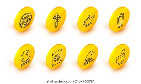 Set line Magic mortar and pestle, Witch hat, Ancient magic book, ball, Popcorn in box, lamp Aladdin, Bottle with love potion and Pentagram circle icon. Vector