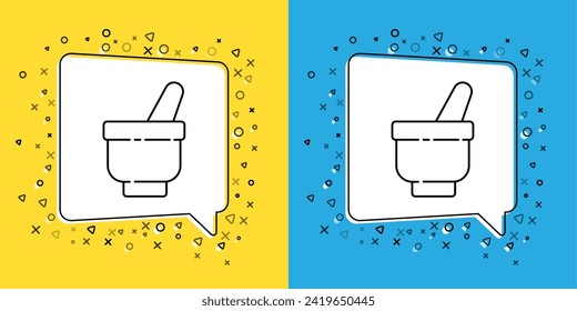 Fijar línea Icono de mortero y almirez mágico aislado en fondo amarillo y azul.  Ilustración vectorial