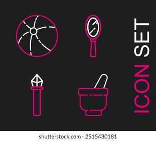 Set line Magic mortar and pestle, staff, hand mirror and Beach ball icon. Vector