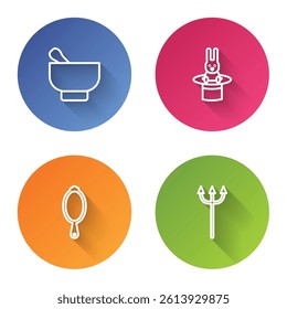 Set line Magic mortar and pestle, Magician hat rabbit, hand mirror and Neptune Trident. Color circle button. Vector