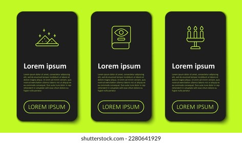 Set line Magic powder, Ancient magic book and Candlestick. Business infographic template. Vector