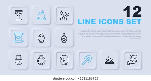 Set line Magic powder, Ball levitating above hand, Bottle with love potion, wand, scroll, stone ring, Witch cauldron and Skull icon. Vector