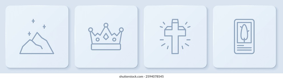 Set line Magic powder, Christian cross, King crown and Tarot cards. White square button. Vector