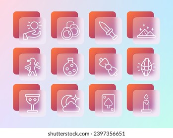 Set Linie Magic Pulver, Mond und Sterne, Ball, Playing Karten, Flasche mit Tränke, Dagger, Ball schweben über der Hand und Handschellen Symbol. Vektorgrafik