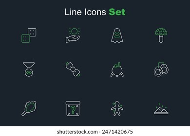 Set line Magic powder, Voodoo doll, Mystery box, hand mirror, Handcuffs, Witch cauldron, Bow tie and Medallion chain with eye icon. Vector