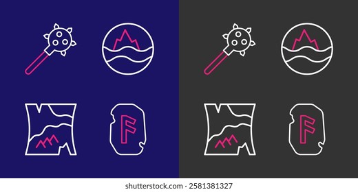 Set line Magic rune, Folded map, Sea and waves and Mace with spikes icon. Vector