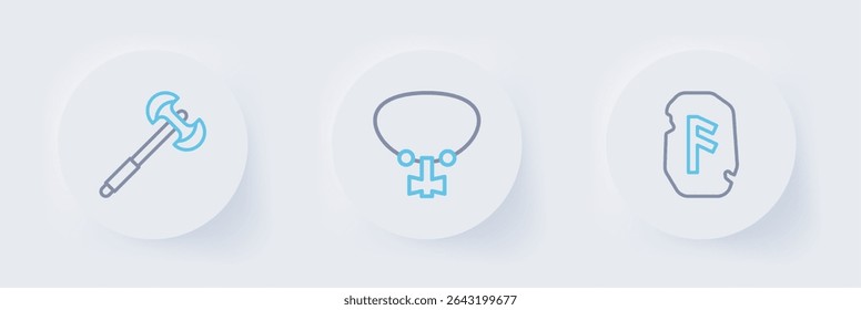 Set line Magic rune, Mace with spikes and Medieval poleaxe icon. Vector