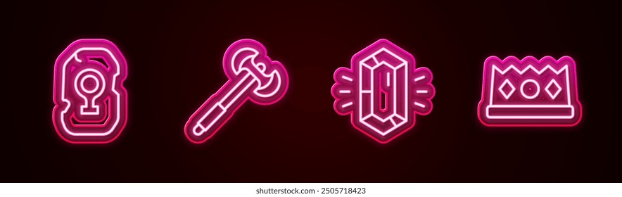 Set Linie Magische Rune, mittelalterliche Poleaxe, Edelstein und Königskrone. Leuchtendes Neonsymbol. Vektorgrafik