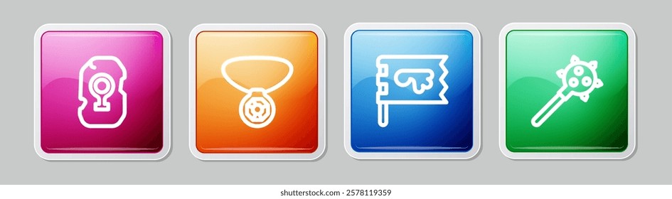 Set line Magic rune, Necklace with gem, Viking flag and Mace spikes. Colorful square button. Vector