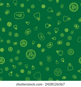 Set line Magic rune, Shield viking and Old money bag on seamless pattern. Vector