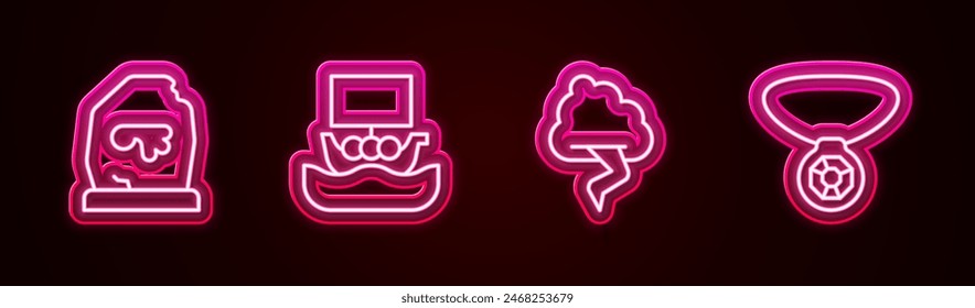 Set line Magic rune, Viking ship Drakkar, Cloud and lightning and Necklace with gem. Glowing neon icon. Vector