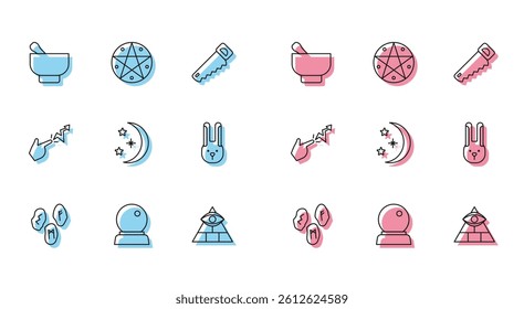 Set line Magic runes, ball, mortar and pestle, Masons, Moon stars, Rabbit with ears, Spell and Pentagram in circle icon. Vector
