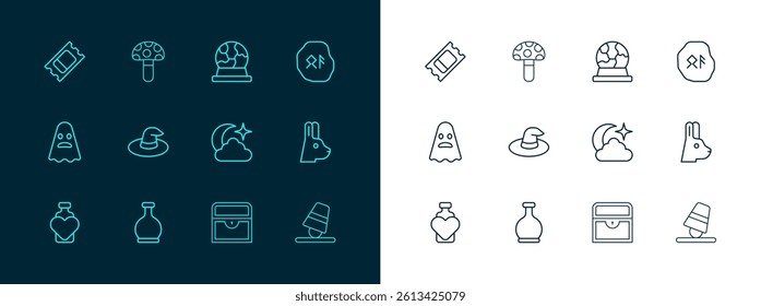 Set line Magic runes, Bottle with potion, Moon and stars, Antique treasure chest, Witch hat, ball, Circus ticket and Psilocybin mushroom icon. Vector