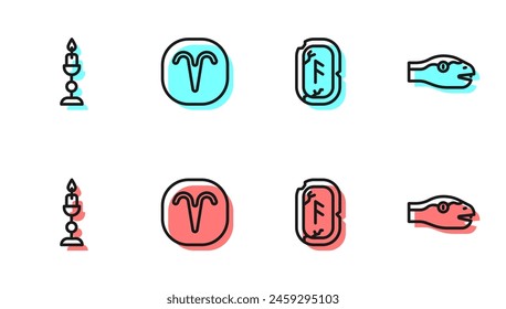 Set line Magic runes, Burning candle, Aries zodiac and Snake icon. Vector