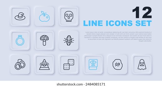 Set line Runas mágicas, Fantasma, seta de psilocibina, Libro de magia antigua, anillo de piedra, Ojo de Dios que todo lo ve, Manzana venenosa e icono de dados de juego. Vector