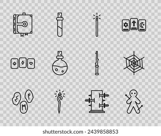 Set line Magic runes, Voodoo doll, wand, staff, Ancient magic book, Bottle with love potion, Trunk for tricks and Spider web icon. Vector