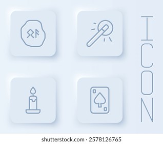 Set line Magic runes, wand, Burning candle and Playing cards. White square button. Vector